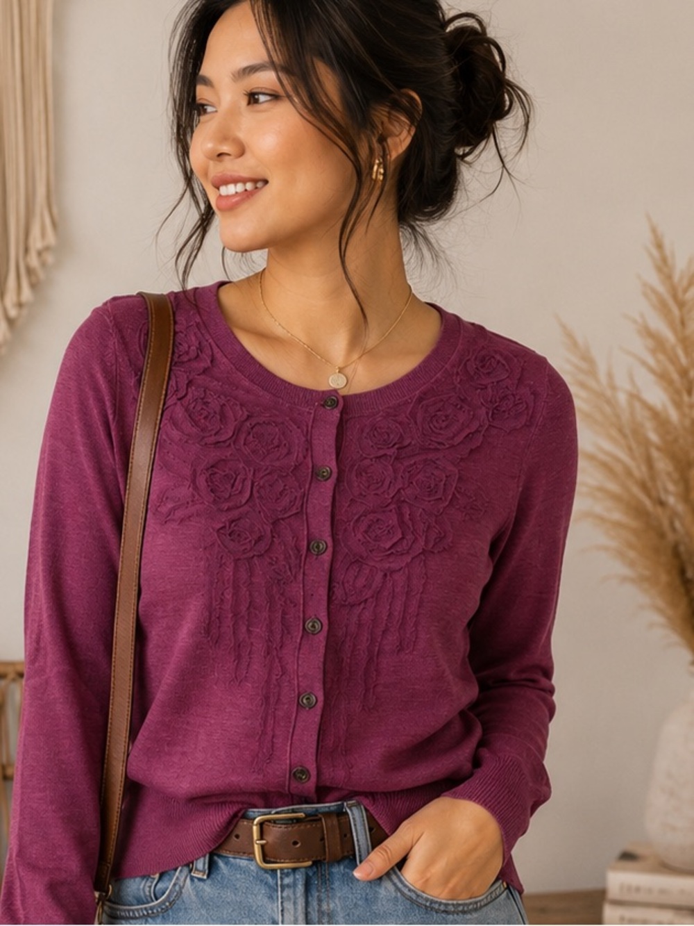 Banana Republic Extra Fine Merino Wool Floral Rosette Cardigan Purple XS Preppy
